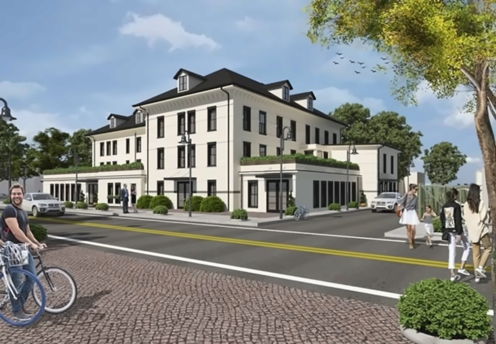 Street corner rendering with restaurant frontage